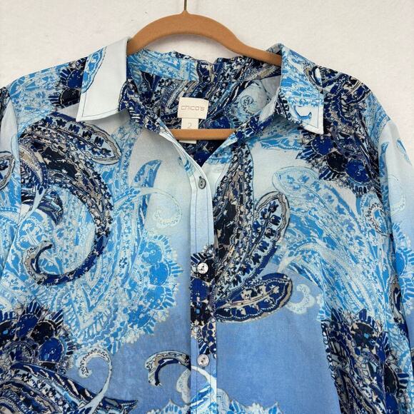 Chico's Duster Blouse Size L Blue White Paisley Button Up Semi Sheer Longline - Picture 2 of 12